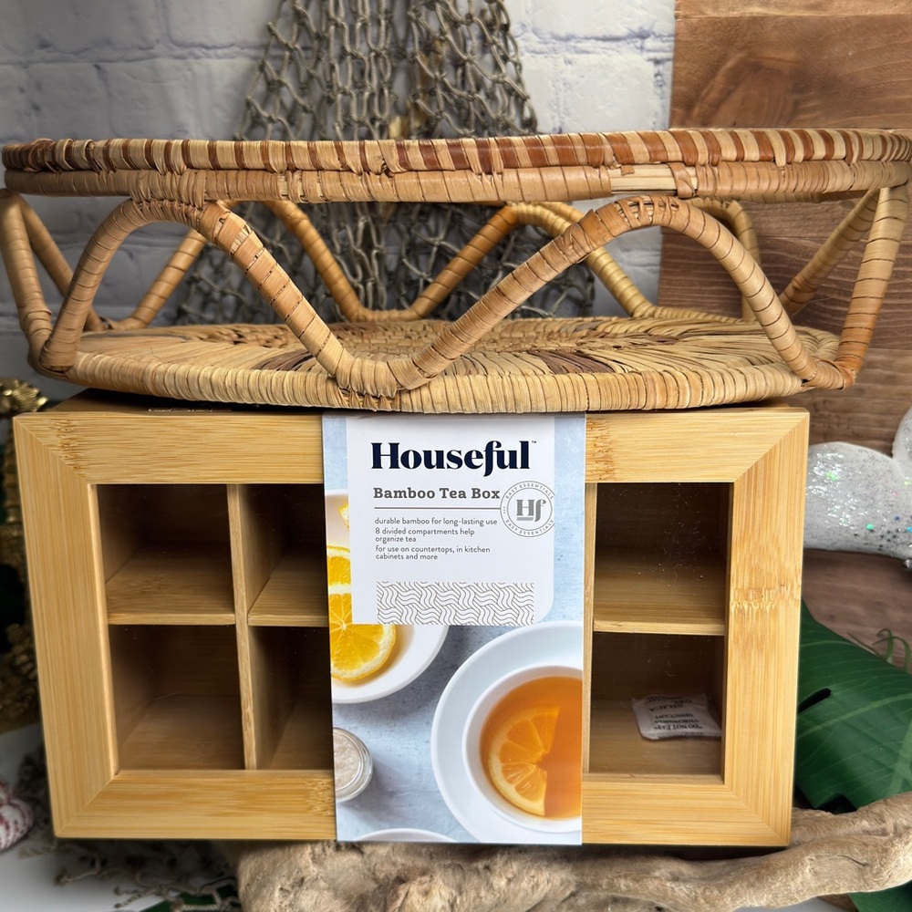 VTG WICKER RATTAN BASKET & NEW BAMBOO TEA STORAGE ORGANIZER BOX BUNDLE